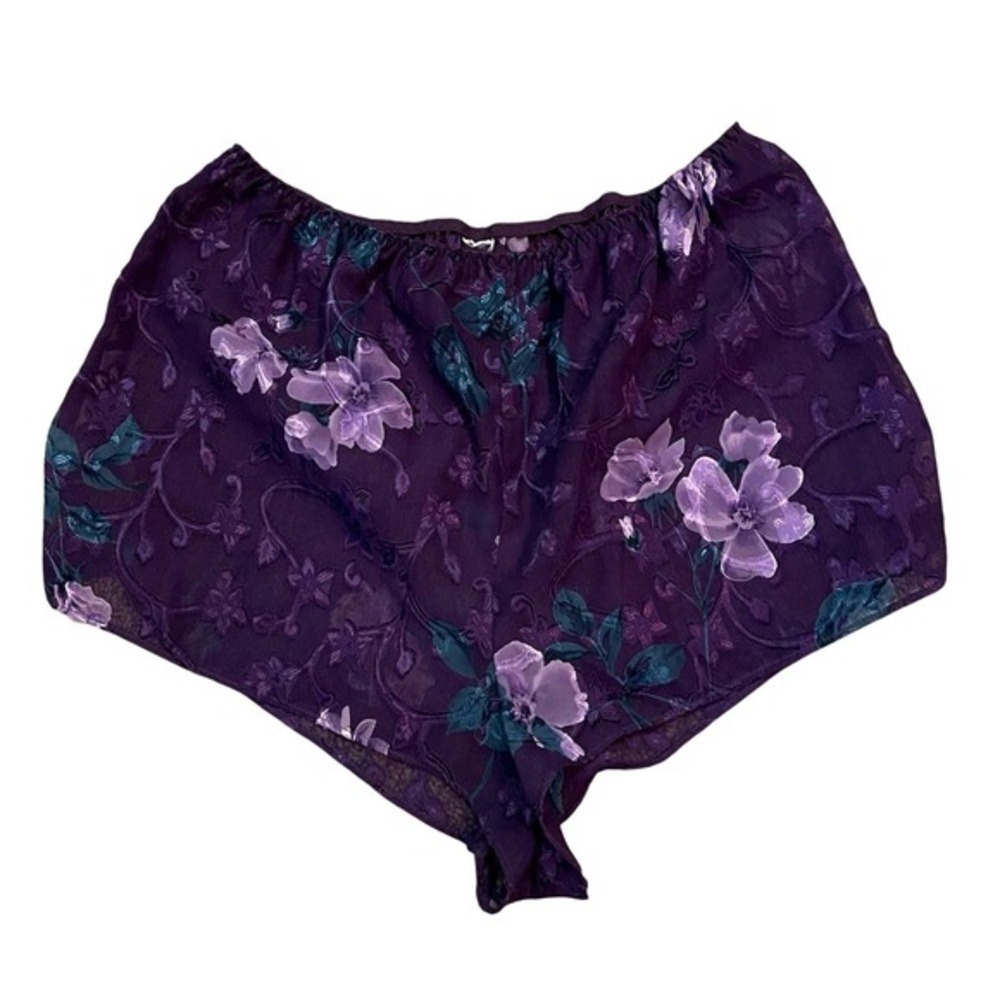Vintage 90s  Sheer Purple Floral High Waist Lingerie‎ Shorts Lace Panties XL